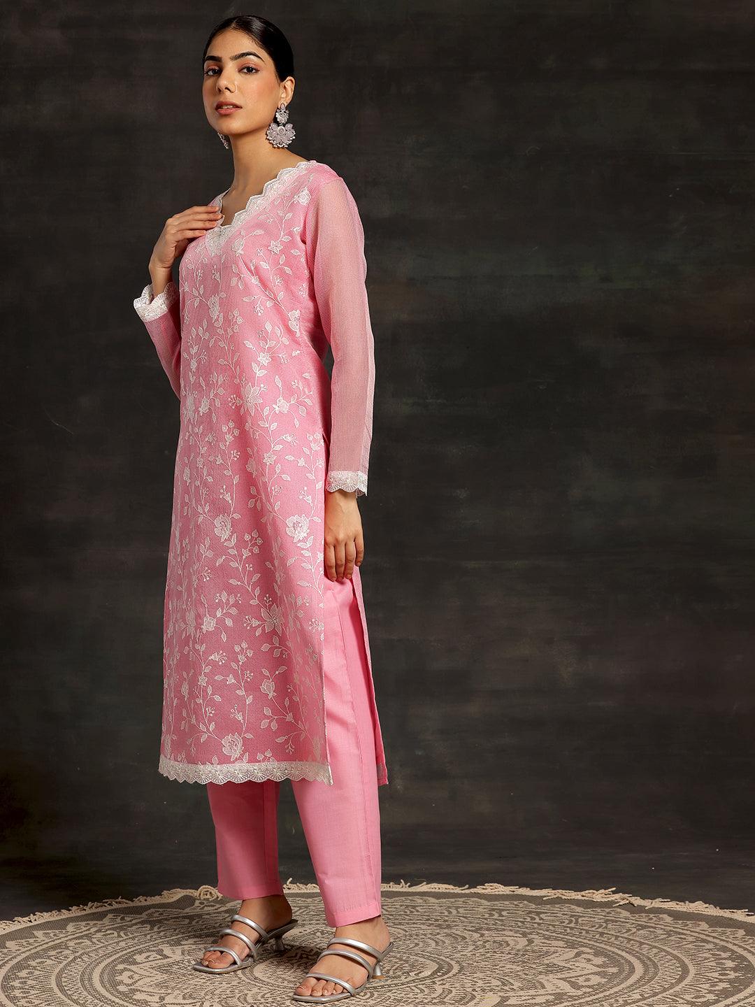 Pink Embroidered Cotton Straight Suit With Dupatta - Libas 