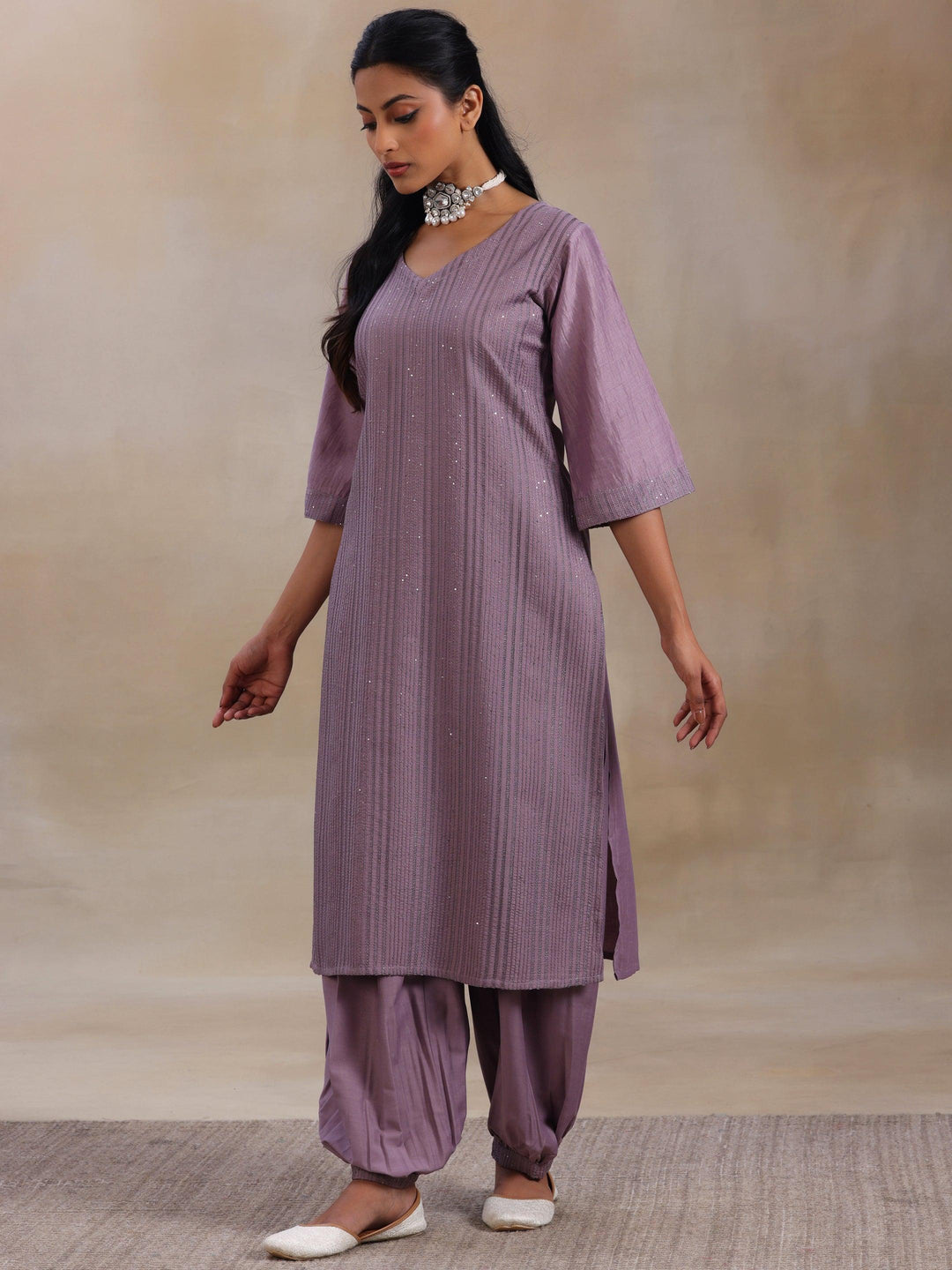 Mauve Self Design Silk Blend Straight Suit With Dupatta - Libas 