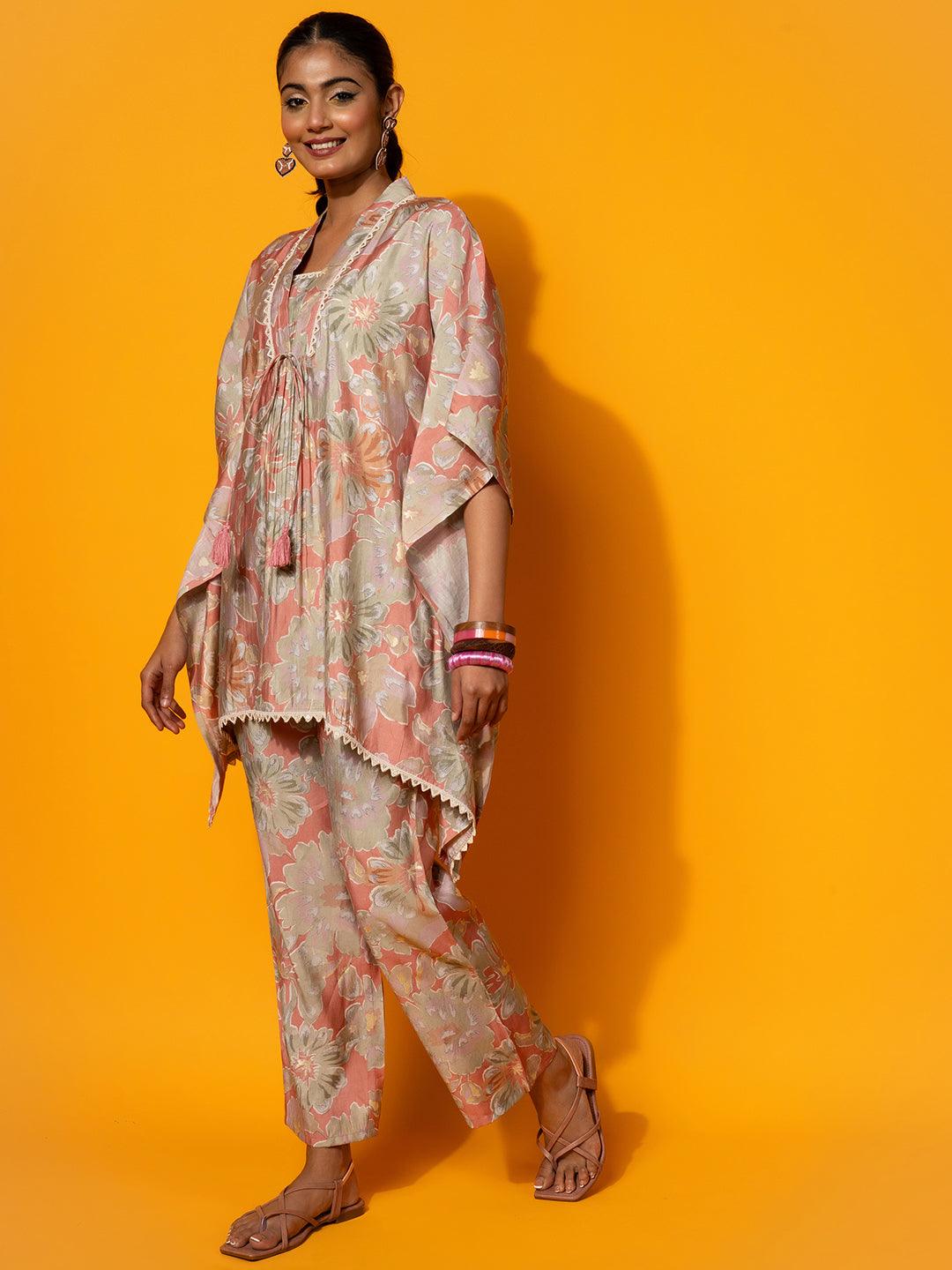 Peach Printed Silk Blend Co-Ords - Libas