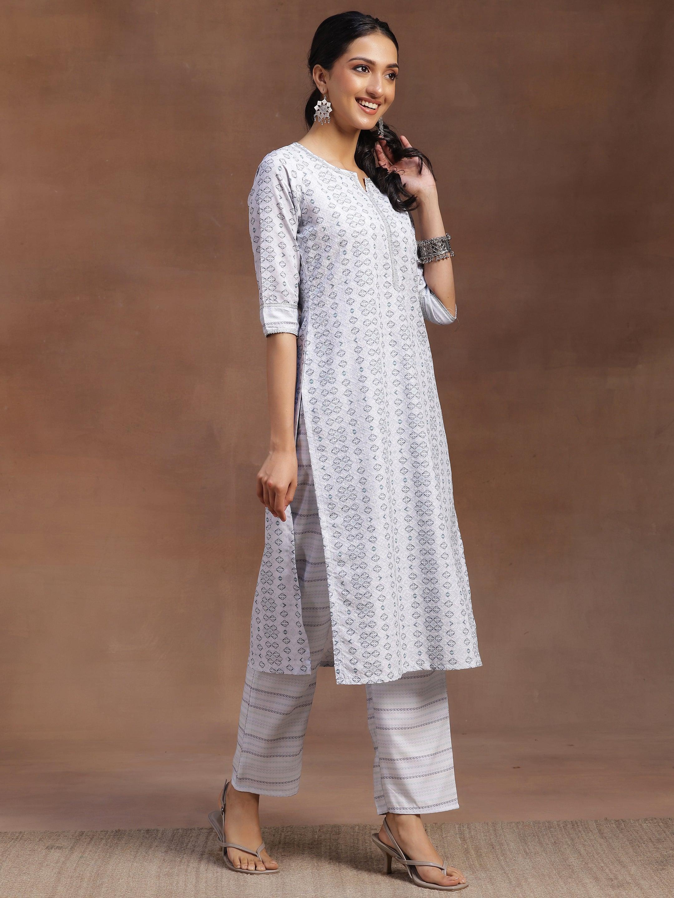 Grey Embroidered Cotton Blend Straight Suit With Dupatta