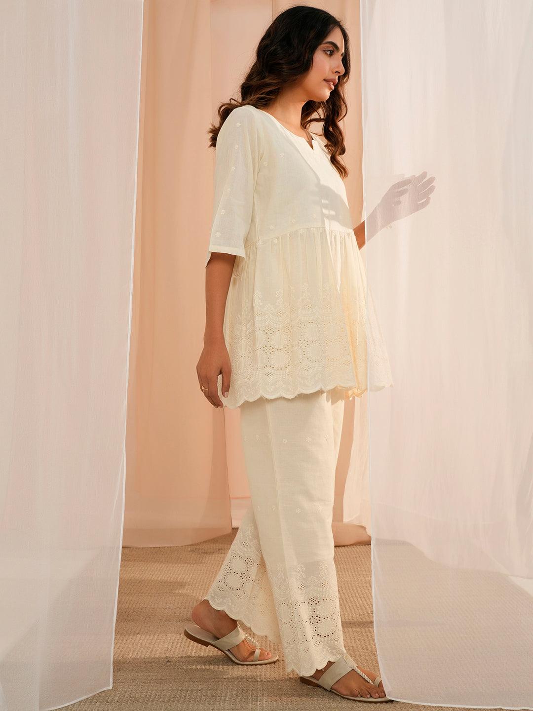 Off White Self Design Cotton Tunic With Palazzos - Libas