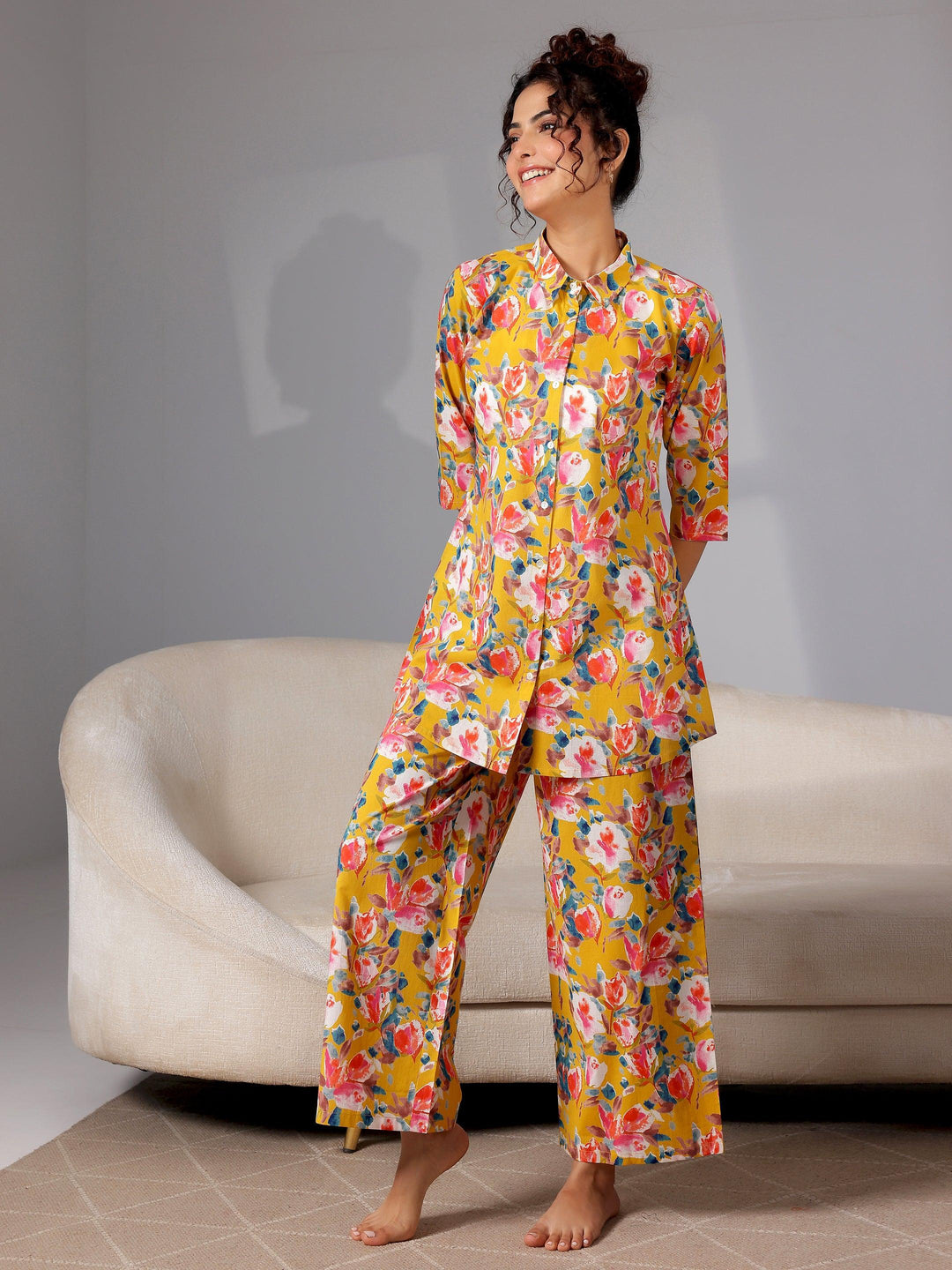 Mustard Printed Cotton Night Suits - Libas