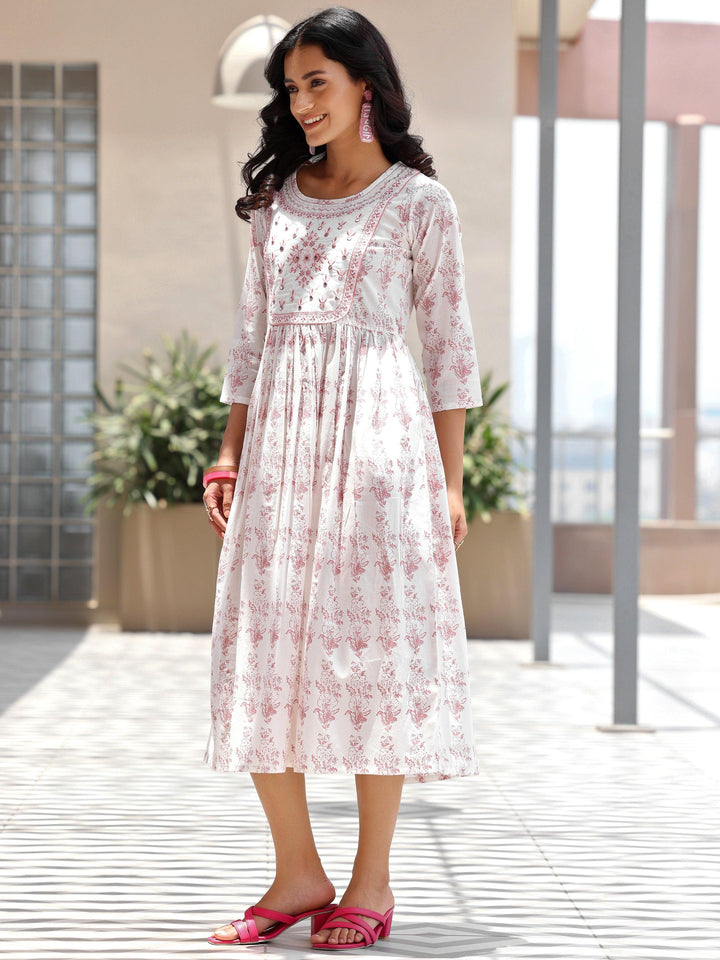 Off White Printed Cotton Fit and Flare Dress - Libas