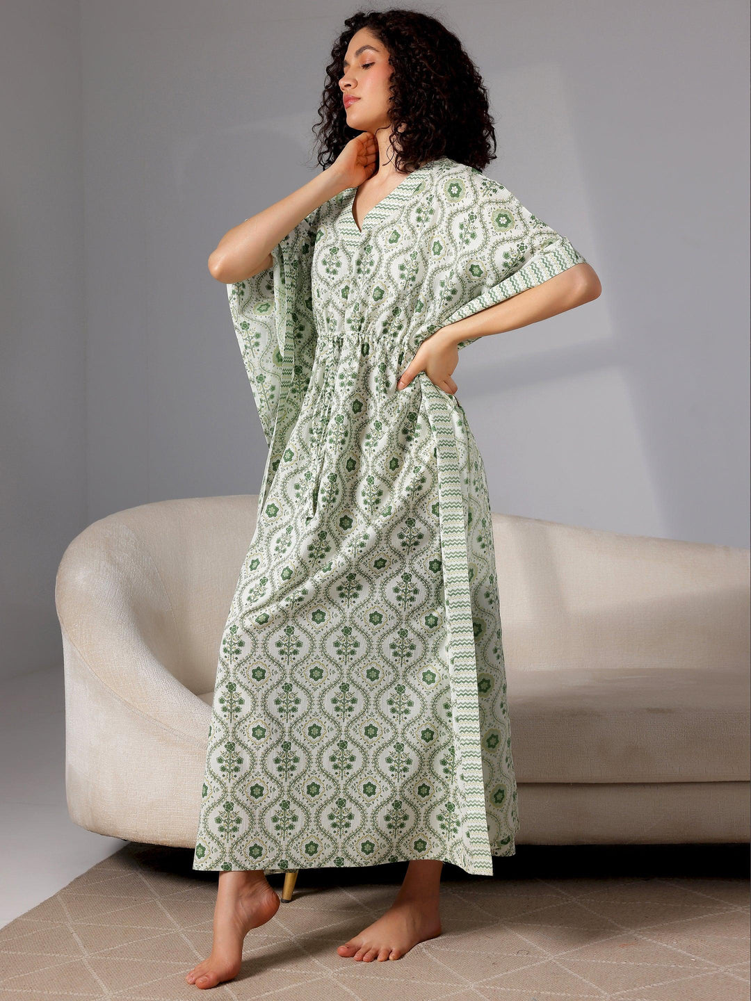 Green Printed Cotton Kaftan Night Dress - Libas