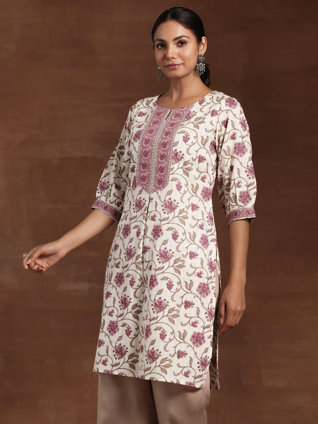 Beige Printed Cotton Straight Kurta - Libas 