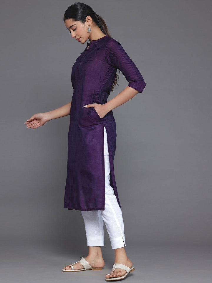 Purple Woven Design Silk Straight Kurta - Libas