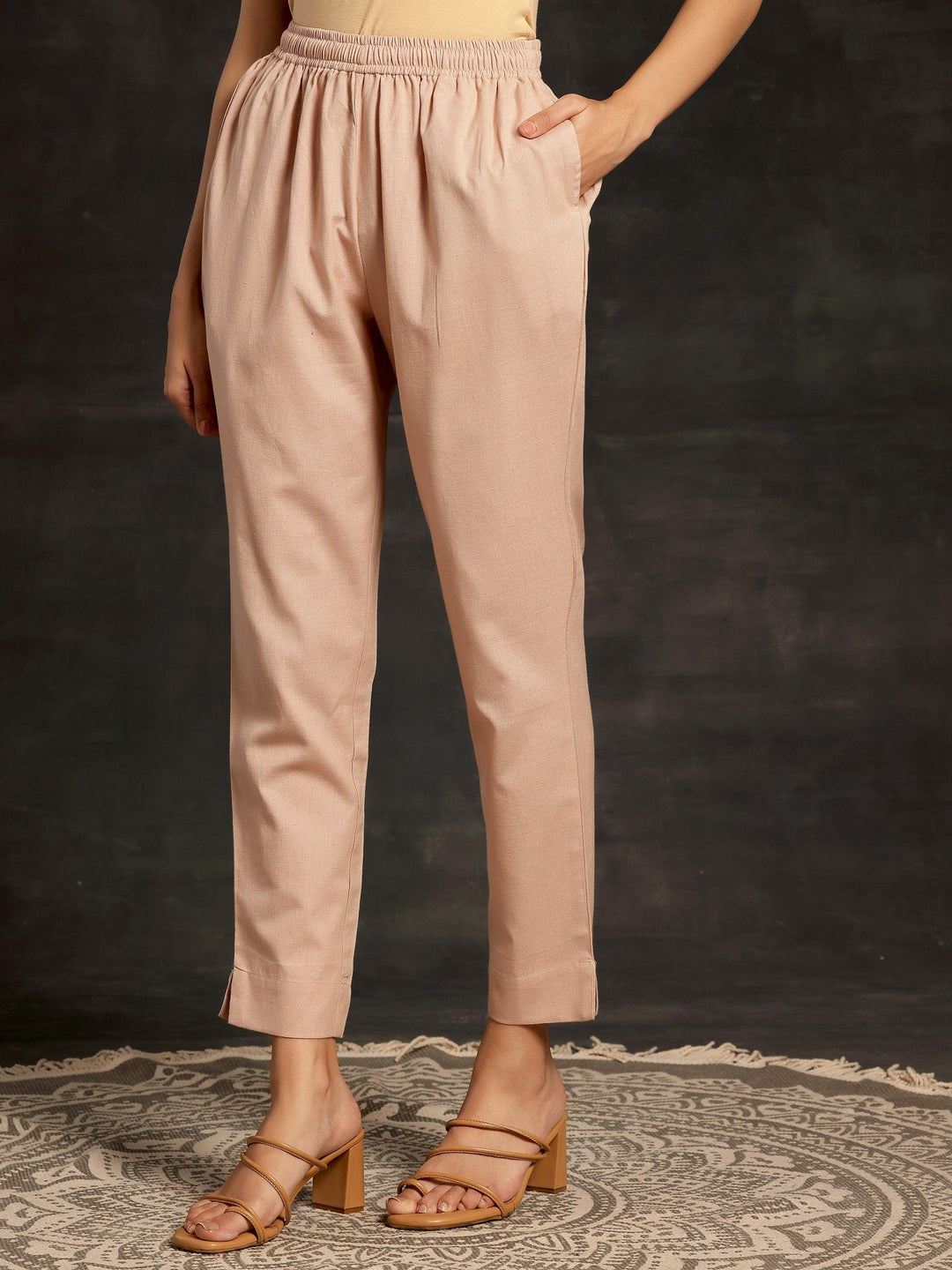 Peach Solid Cotton Straight Fit Trousers - Libas