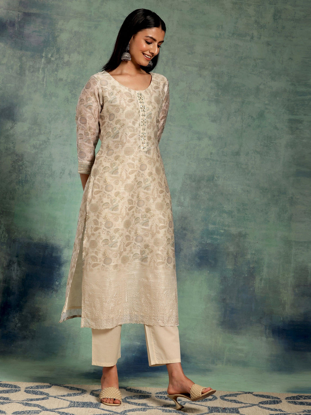 Beige Printed Chanderi Silk Straight Suit With Dupatta - Libas 