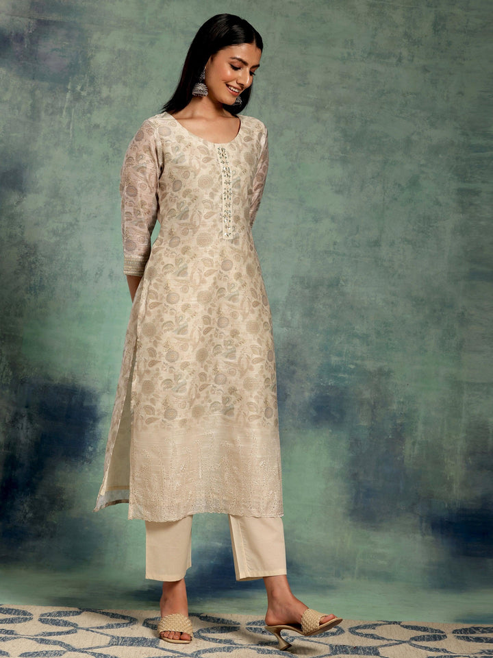 Beige Printed Chanderi Silk Straight Suit With Dupatta - Libas