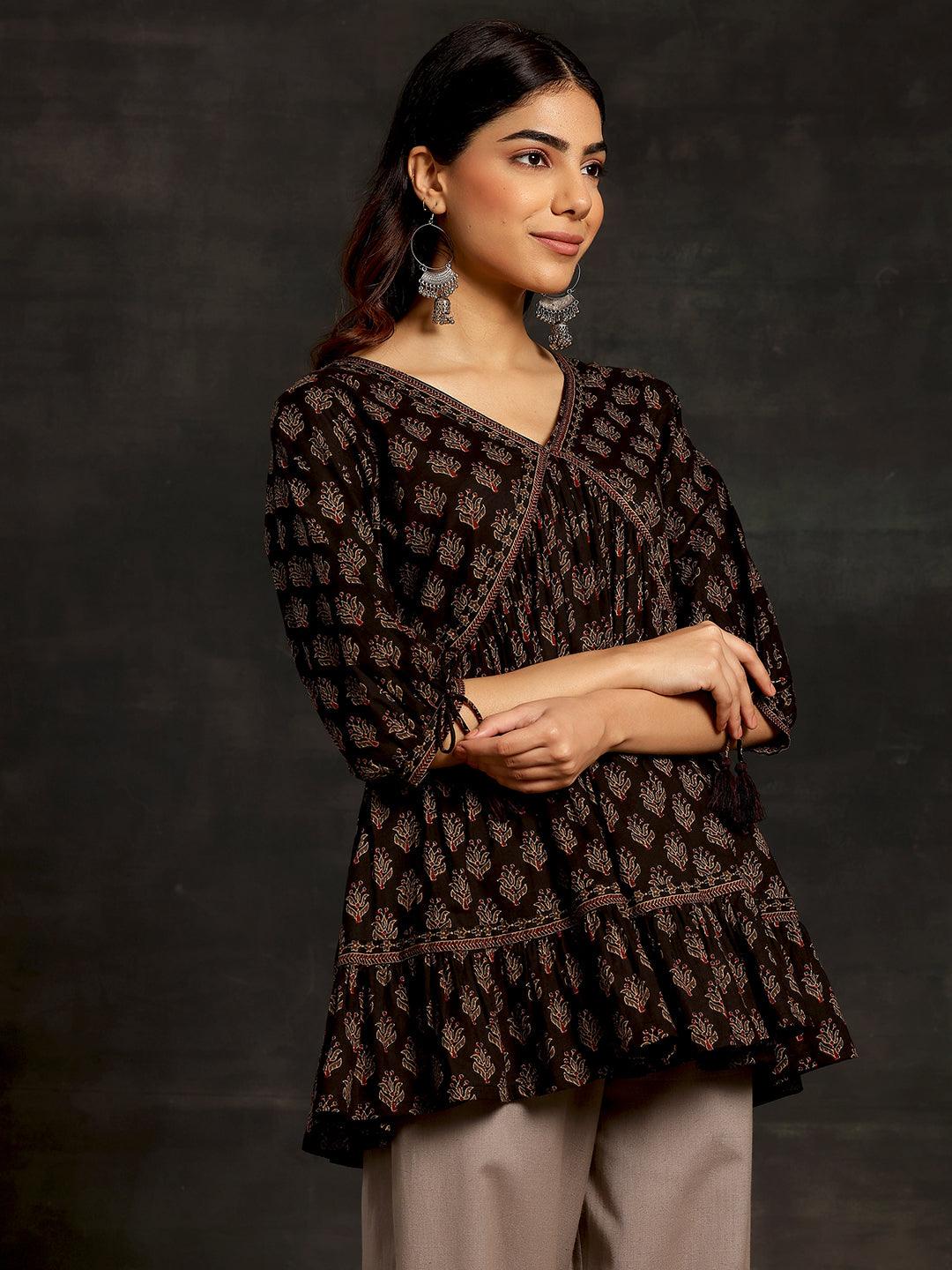 Black Printed Cotton A-Line Kurti - Libas 