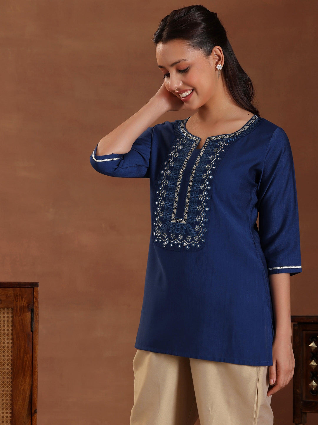 Blue Embroidered Silk Blend Straight Kurti - Libas 