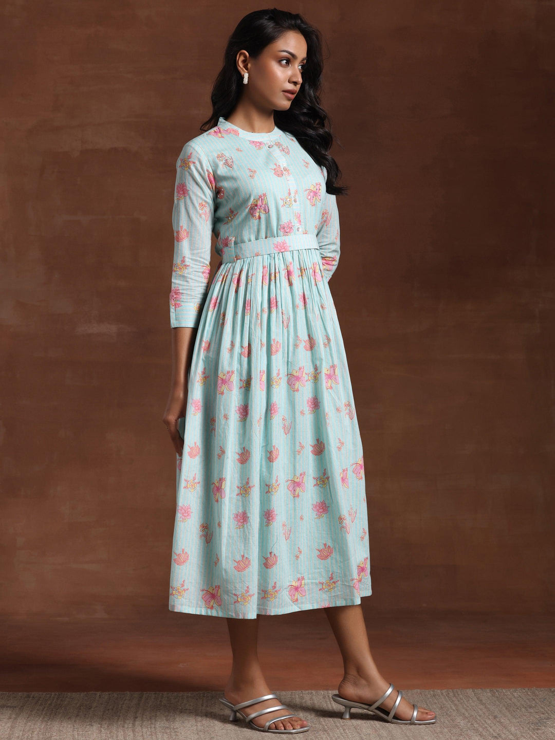 Sea Green Printed Cotton Fit and Flare Dress - Libas 