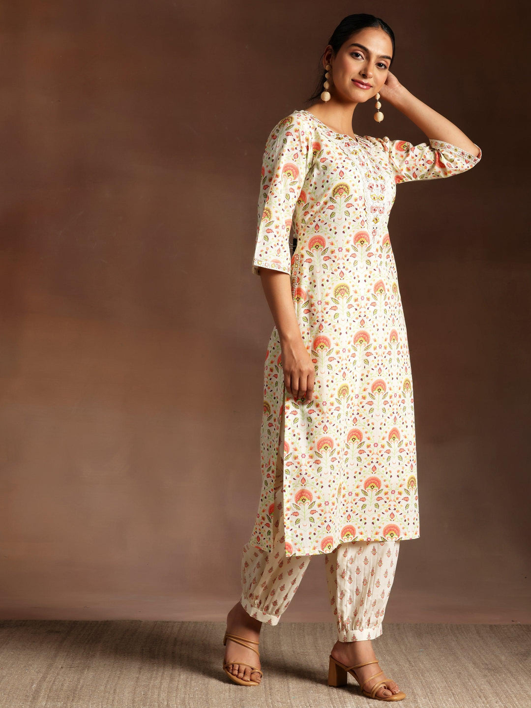 Off White Printed Cotton Straight Kurta Set - Libas 