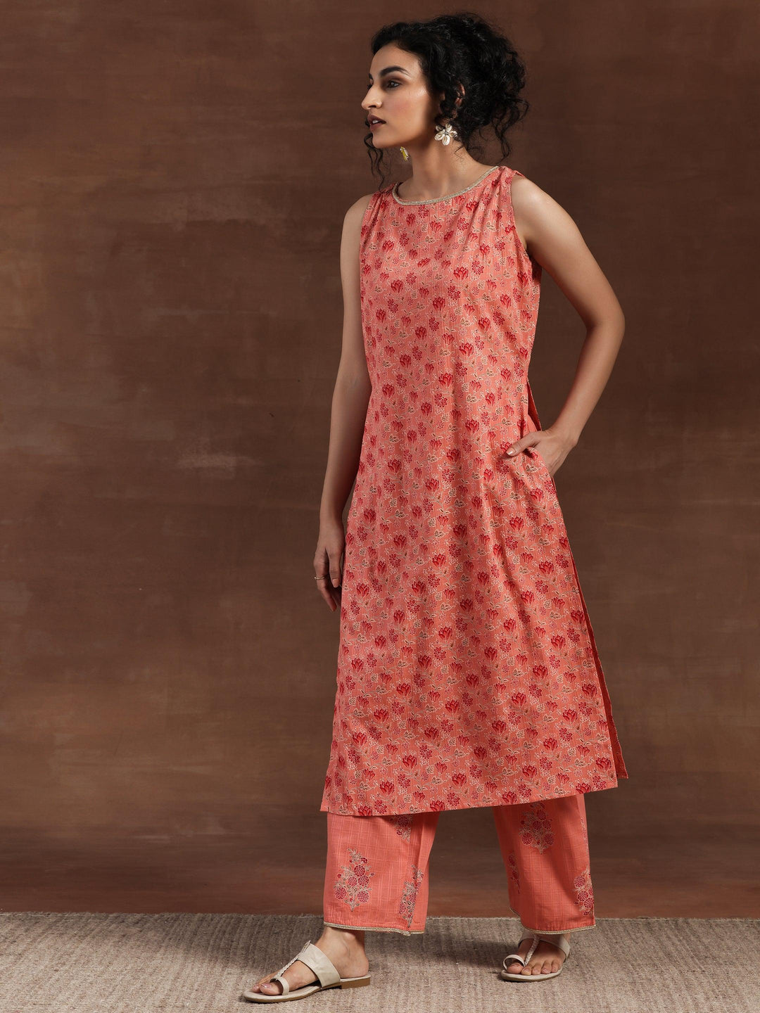 Peach Printed Cotton Straight Kurta Set - Libas