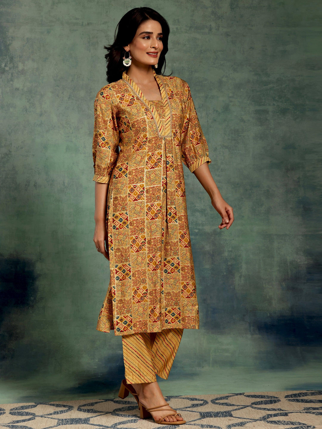 Yellow Printed Silk Blend Straight Kurta Set - Libas 