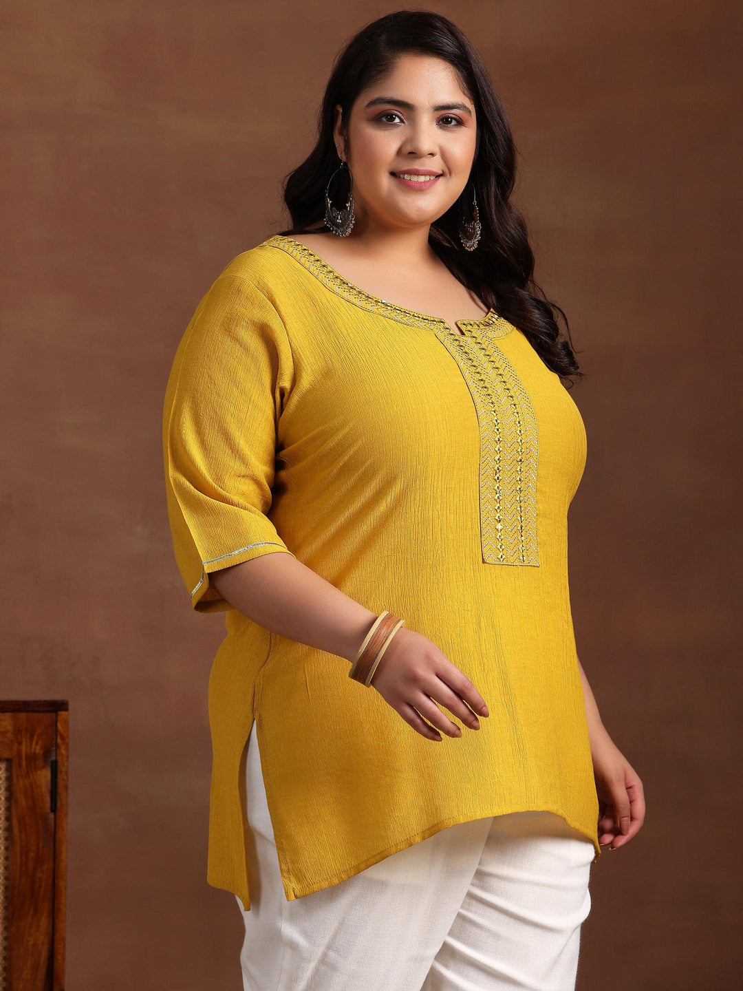 Plus Size Mustard Woven Design Cotton Blend Straight Kurti - Libas