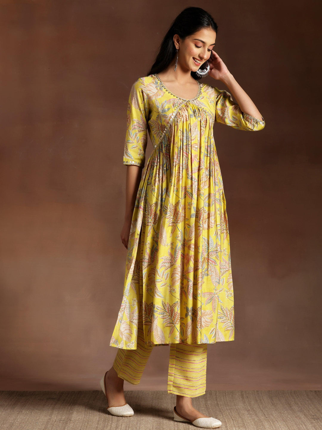 Aashna Mustard Printed Silk Blend A-Line Kurta With Palazzos & Dupatta - Libas