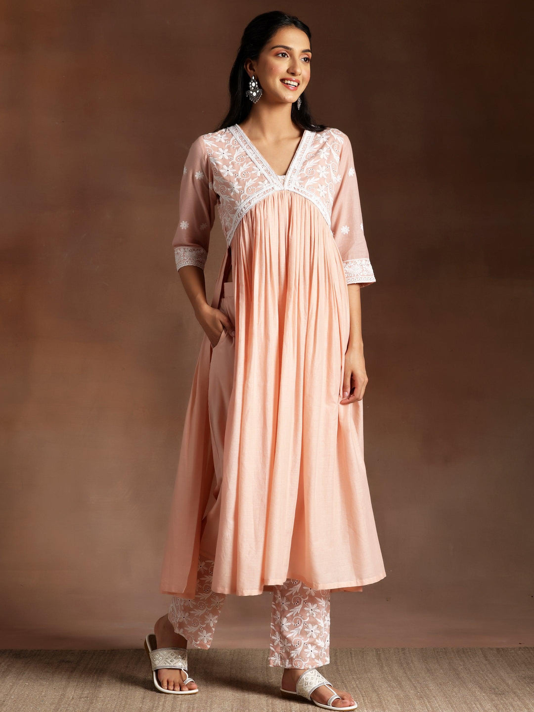 Peach Embroidered Cotton A-Line Kurta With Palazzos & Dupatta - Libas