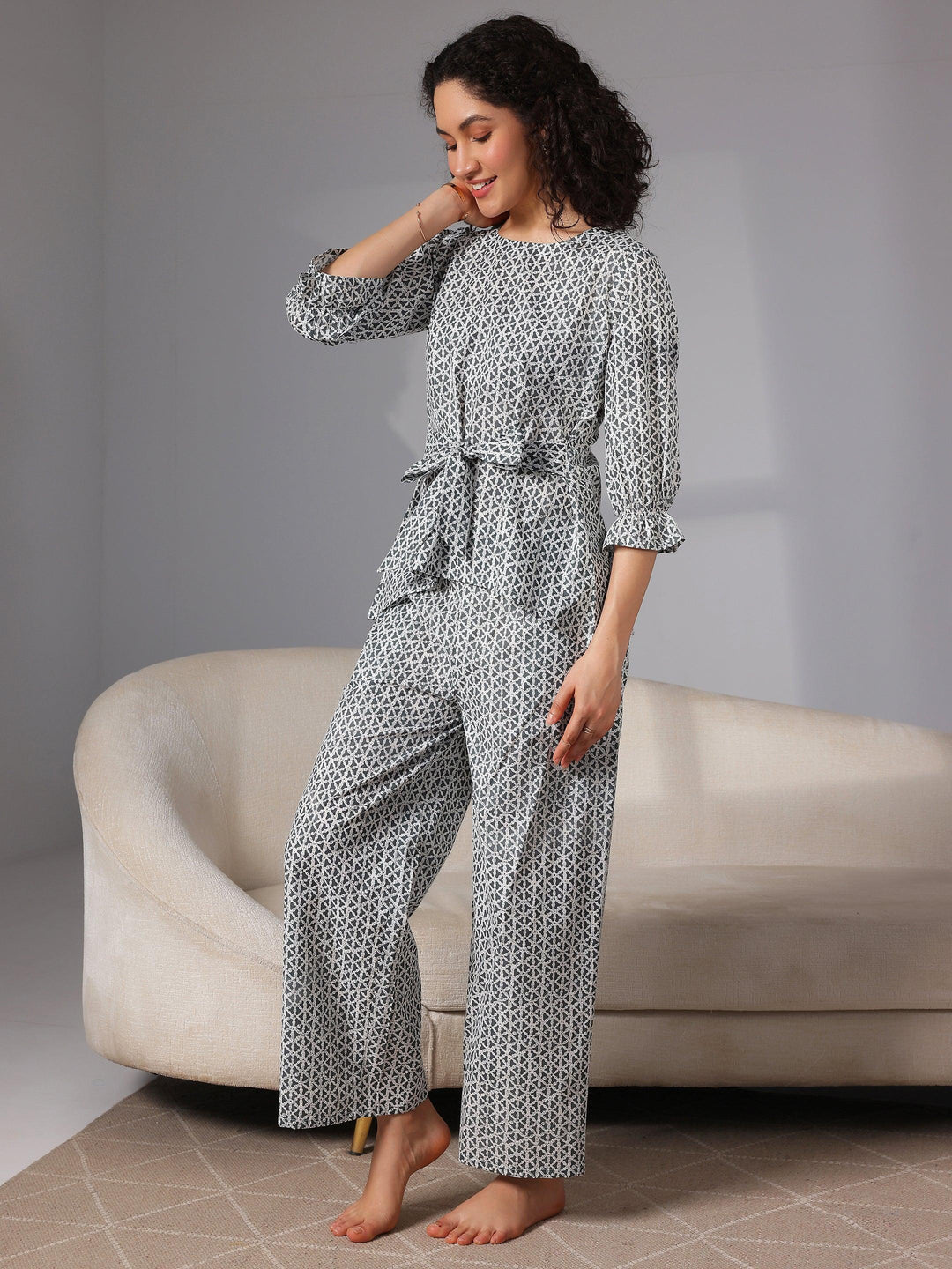 Grey Printed Cotton Night Suits - Libas 