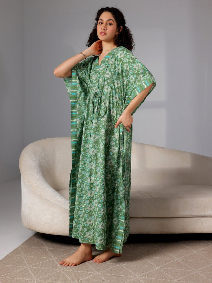 Green Printed Cotton Kaftan Night Dress - Libas