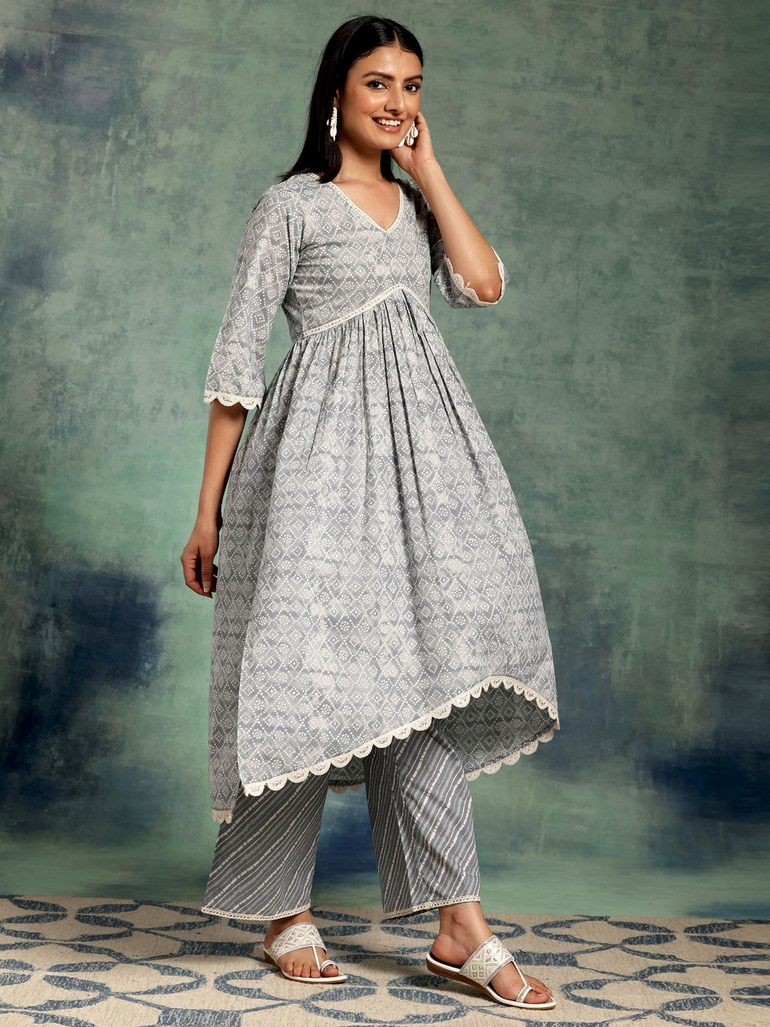 Grey Printed Cotton A-Line Kurta With Palazzos & Dupatta - Libas 