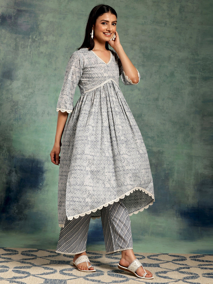 Grey Printed Cotton A-Line Kurta With Palazzos & Dupatta - Libas