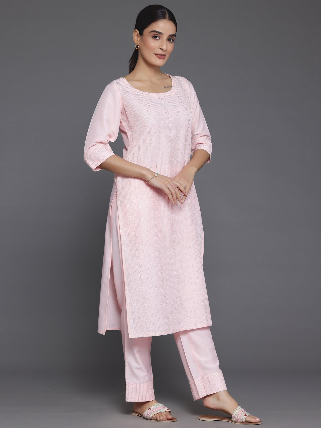 Peach Self Design Silk Blend Straight Suit With Dupatta - Libas 