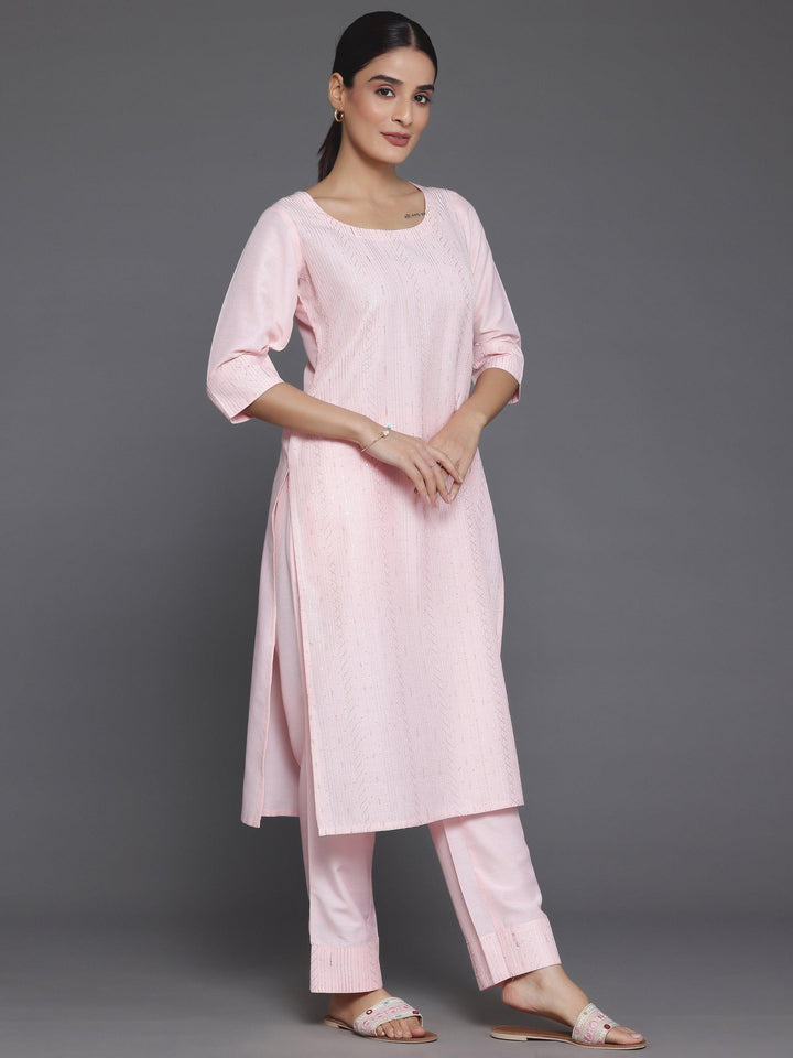 Peach Self Design Silk Blend Straight Suit With Dupatta - Libas