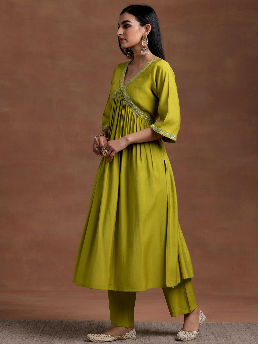 Olive Solid Silk Blend A-Line Kurta With Trousers & Dupatta - Libas