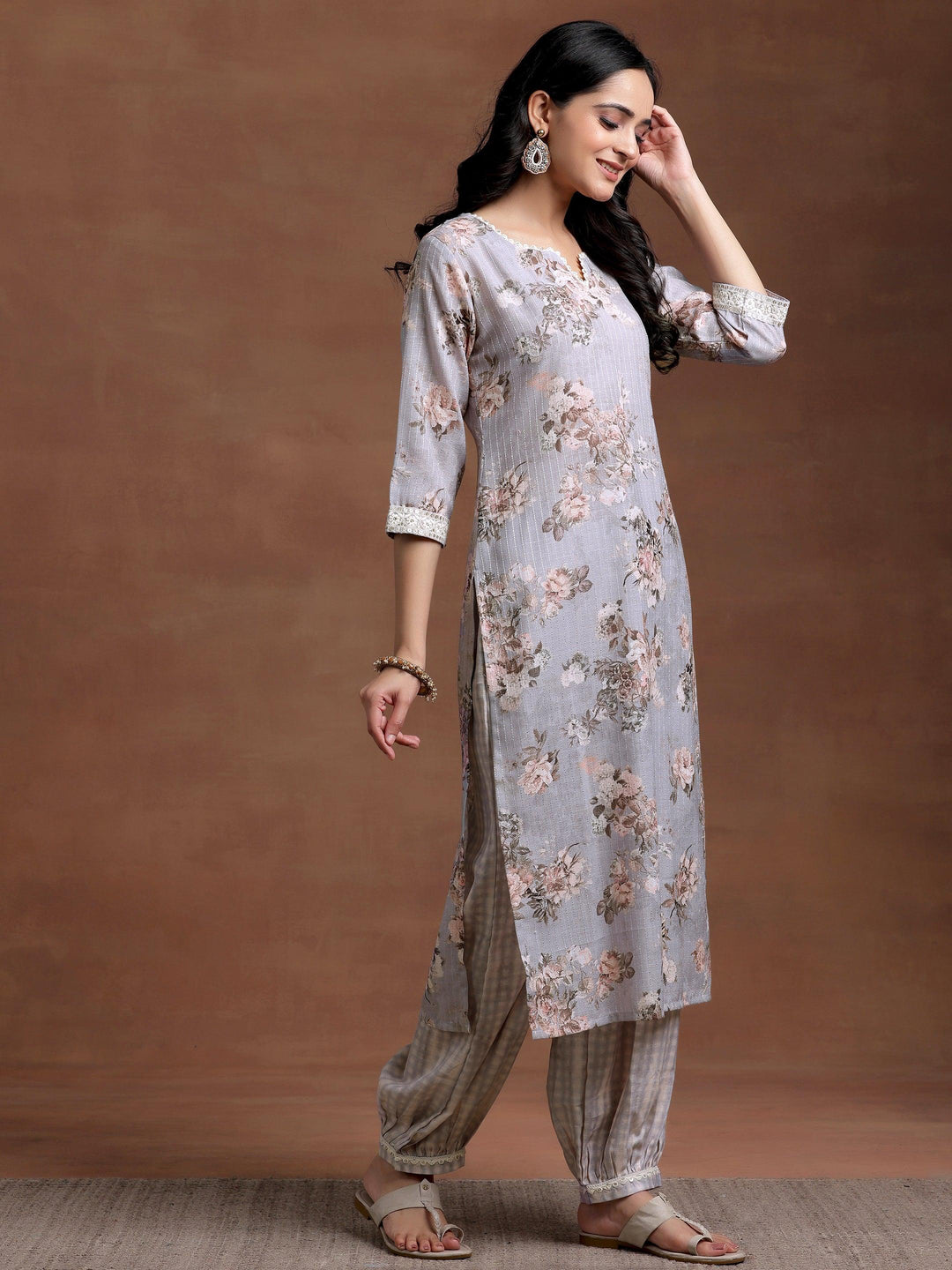 Grey Printed Cotton Straight Suit With Dupatta - Libas 