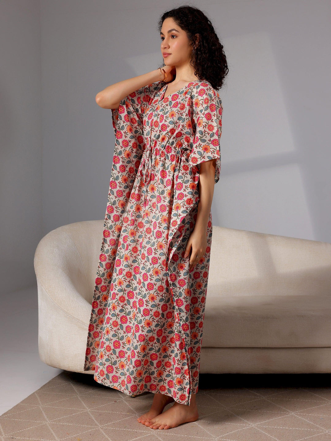 Beige Printed Cotton Kaftan Night Dress - Libas 