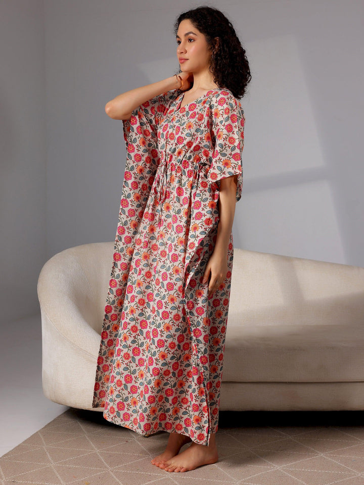 Beige Printed Cotton Kaftan Night Dress - Libas