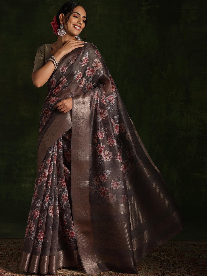 Green Printed Silk Blend Saree With Unstitched Blouse Piece - Libas