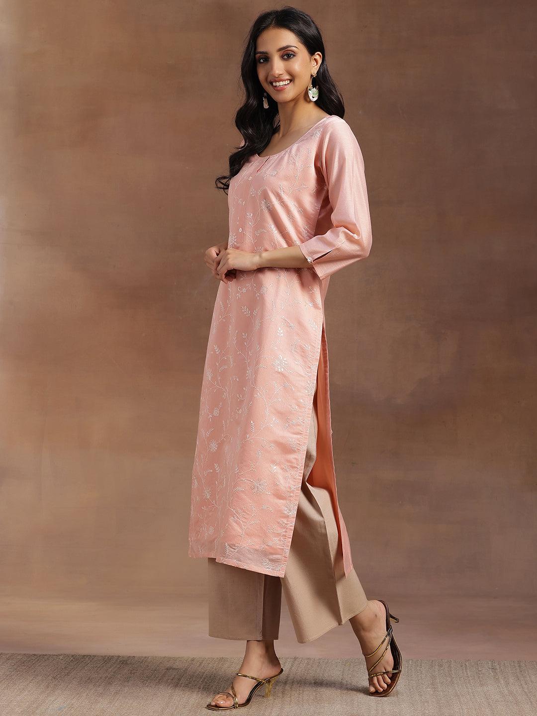 Peach Embroidered Chanderi Silk Straight Kurta - Libas