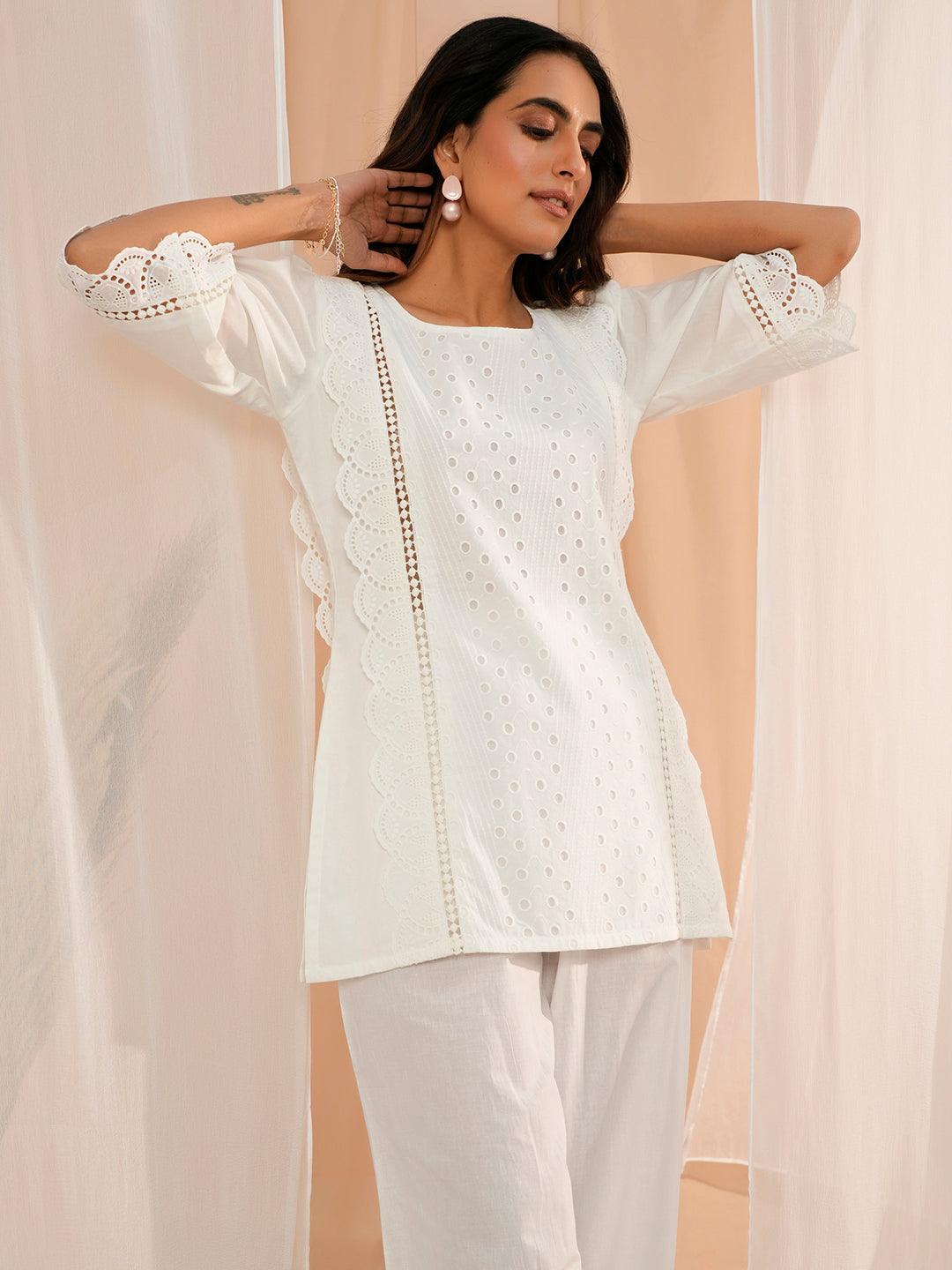 White Embroidered Cotton Straight Kurti - Libas 