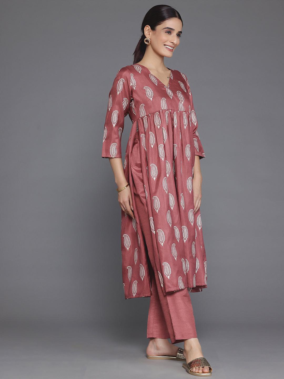 Mauve Printed Silk Blend A-Line Kurta With Trousers - Libas 