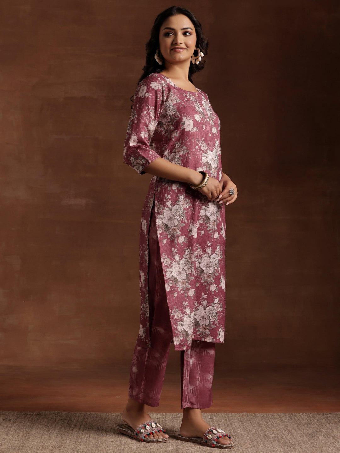 Mauve Printed Cotton Straight Suit With Dupatta - Libas 