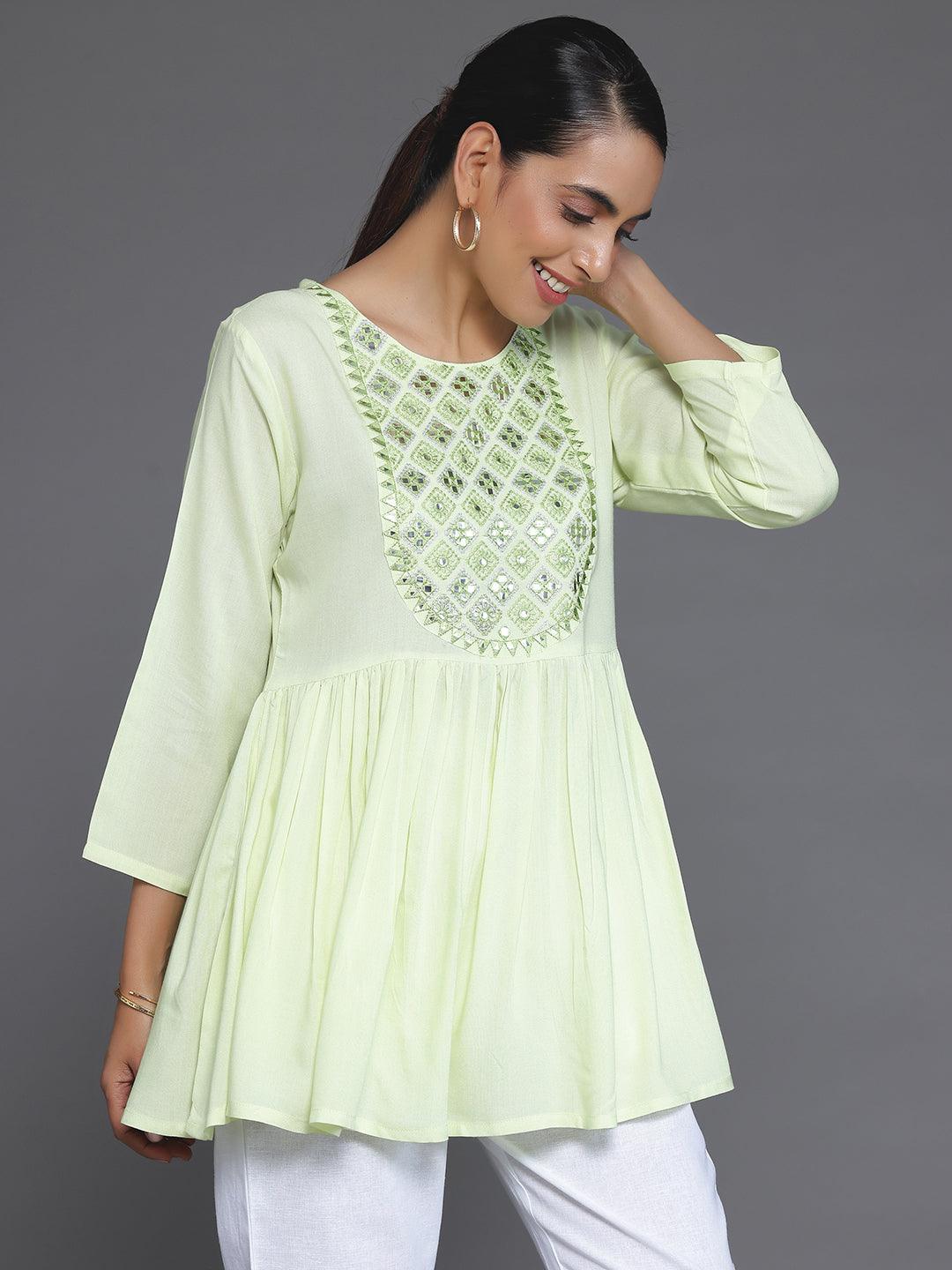 Green Embroidered Rayon A-Line Kurti - Libas 