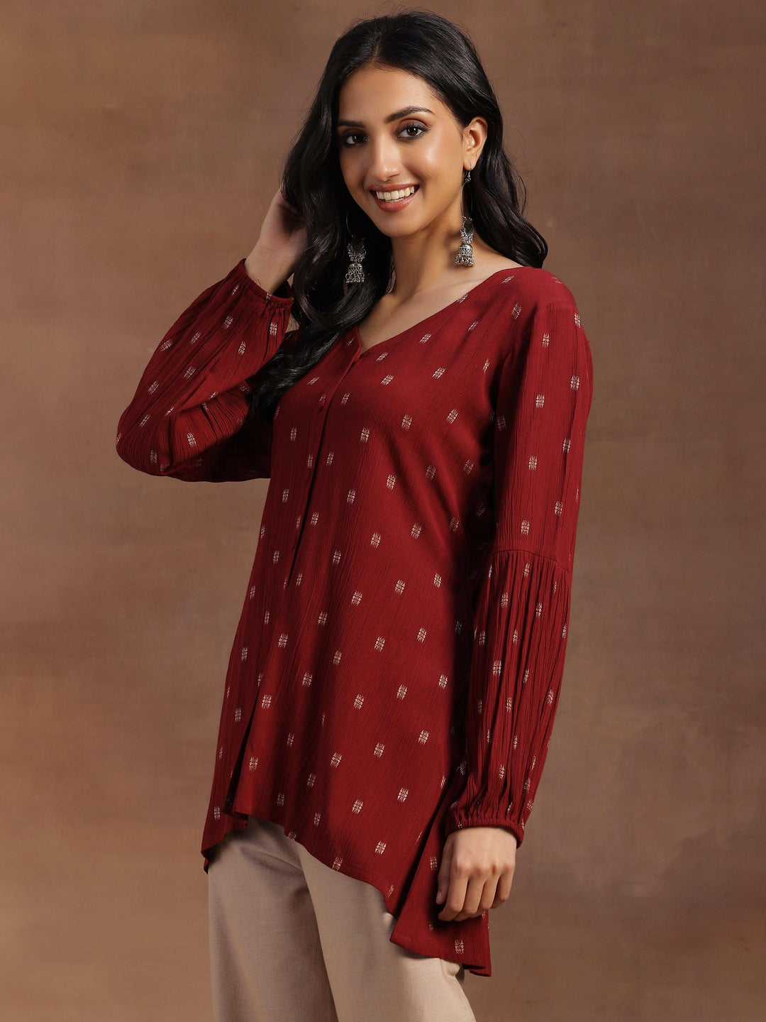  Maroon Woven Design Cotton A-line Kurti 