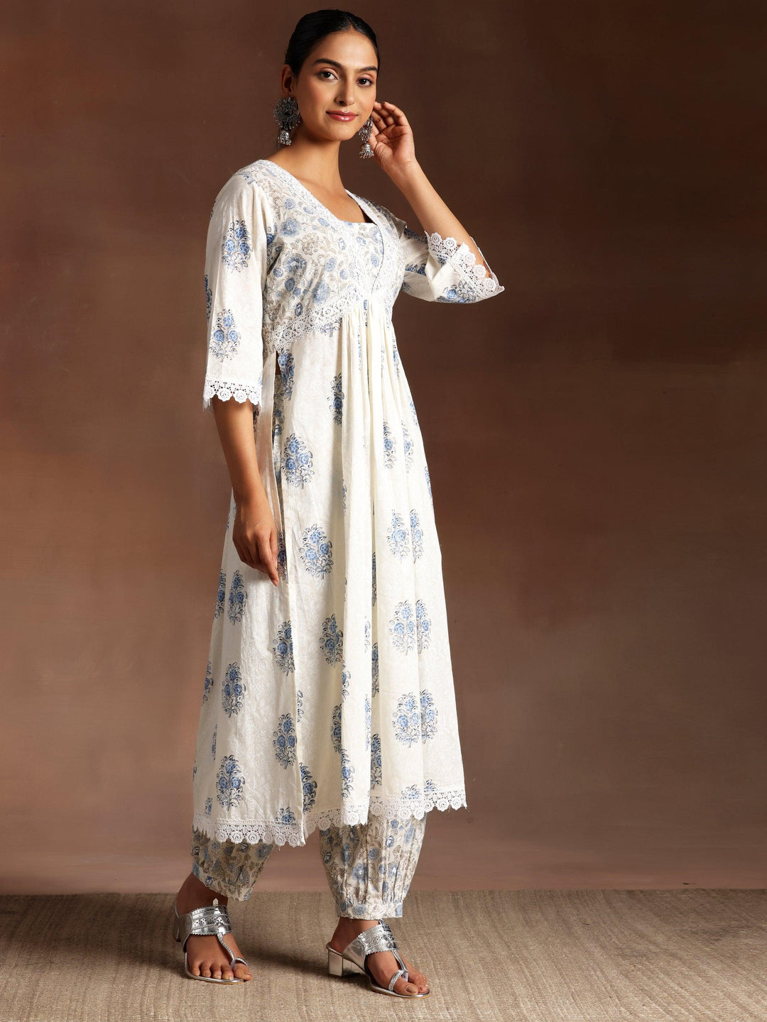 Gauhar White Printed Cotton A-Line Kurta With Salwar & Dupatta - Libas 