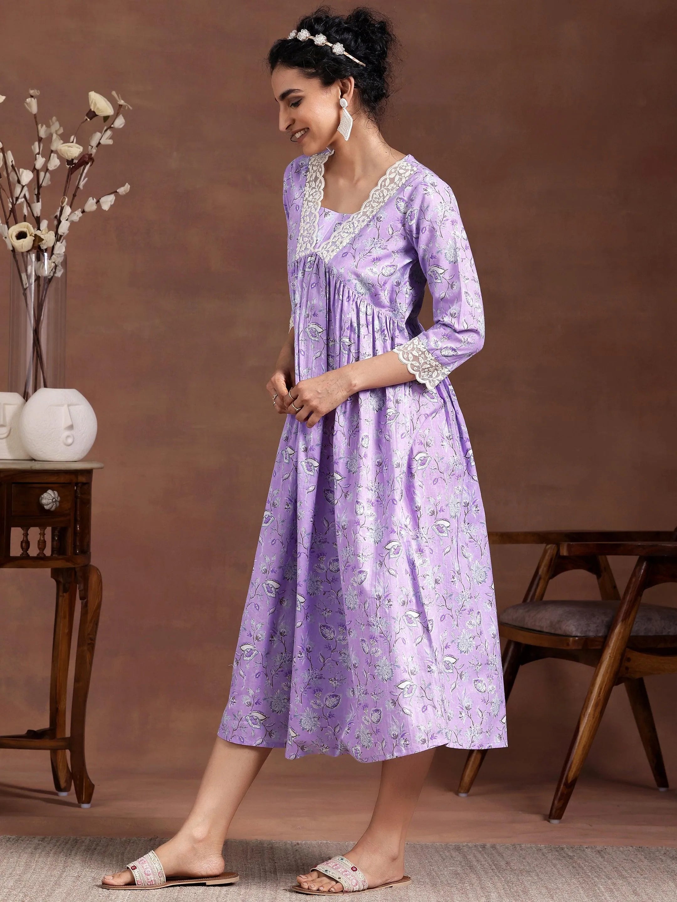 Buy Lavender Printed Cotton Fit and Flare Dress Online at Rs.449 Libas