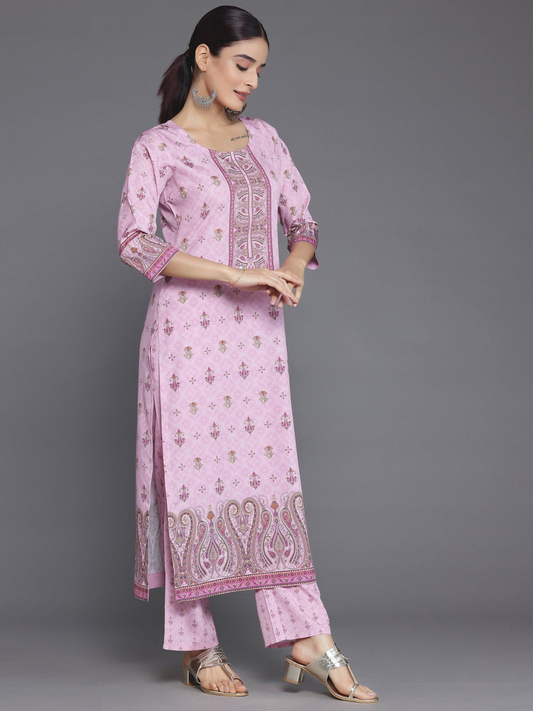 Pink Printed Poly Crepe Straight Suit With Dupatta - Libas 