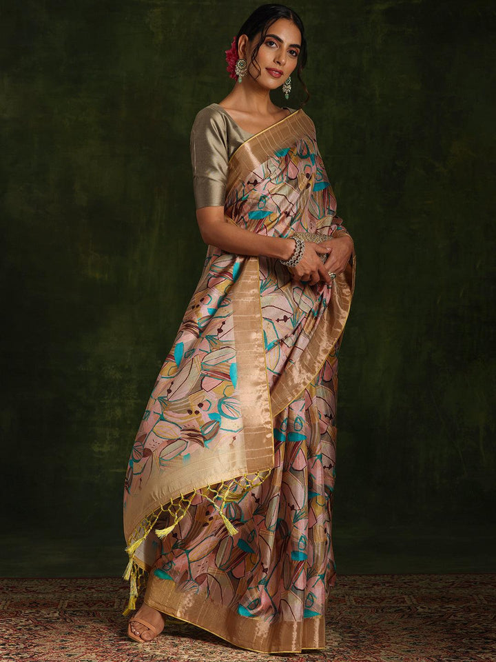 Green Printed Silk Blend Saree With Unstitched Blouse Piece - Libas