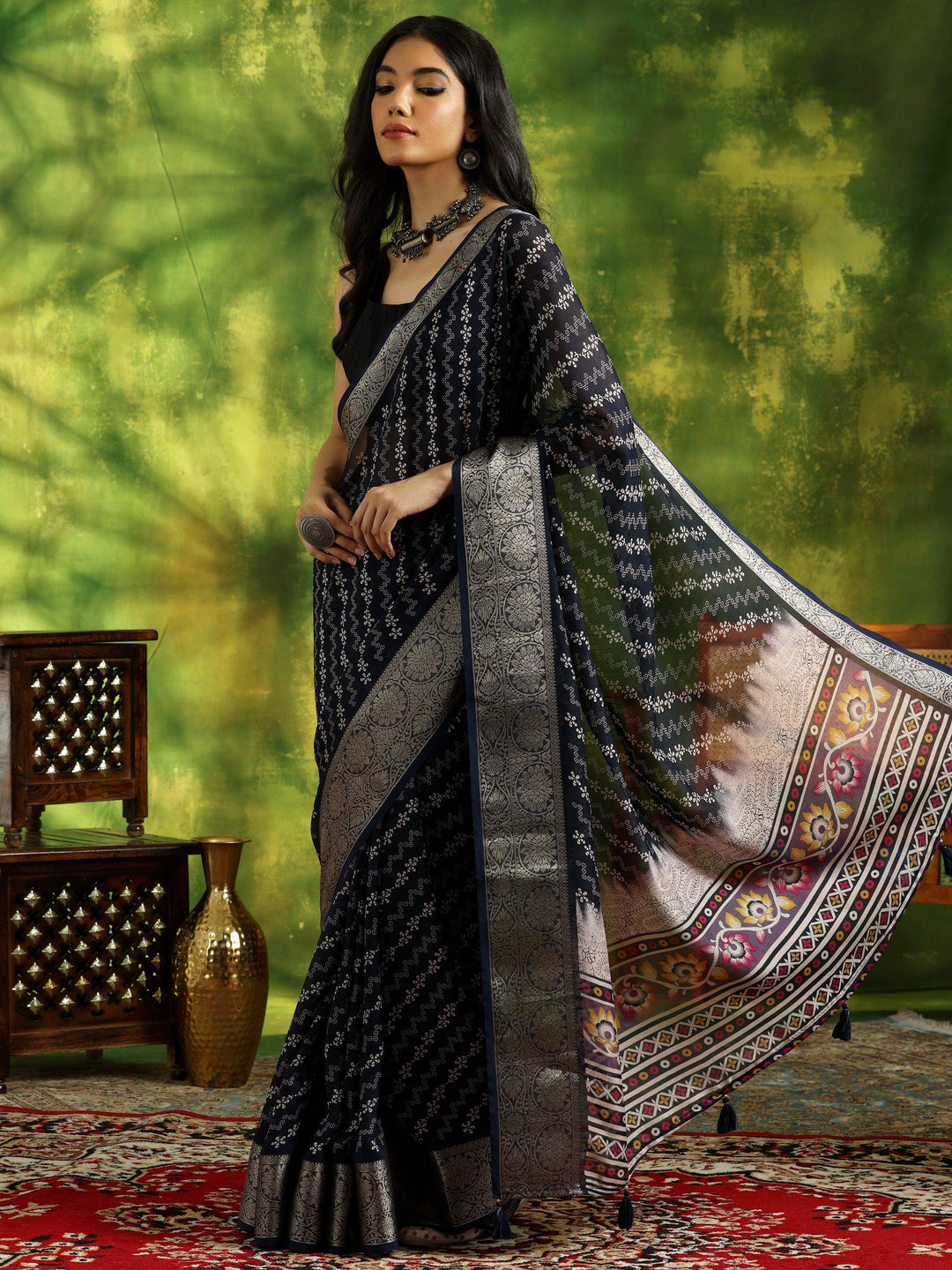 Blue Printed Silk Blend Saree With Unstitched Blouse Piece - Libas