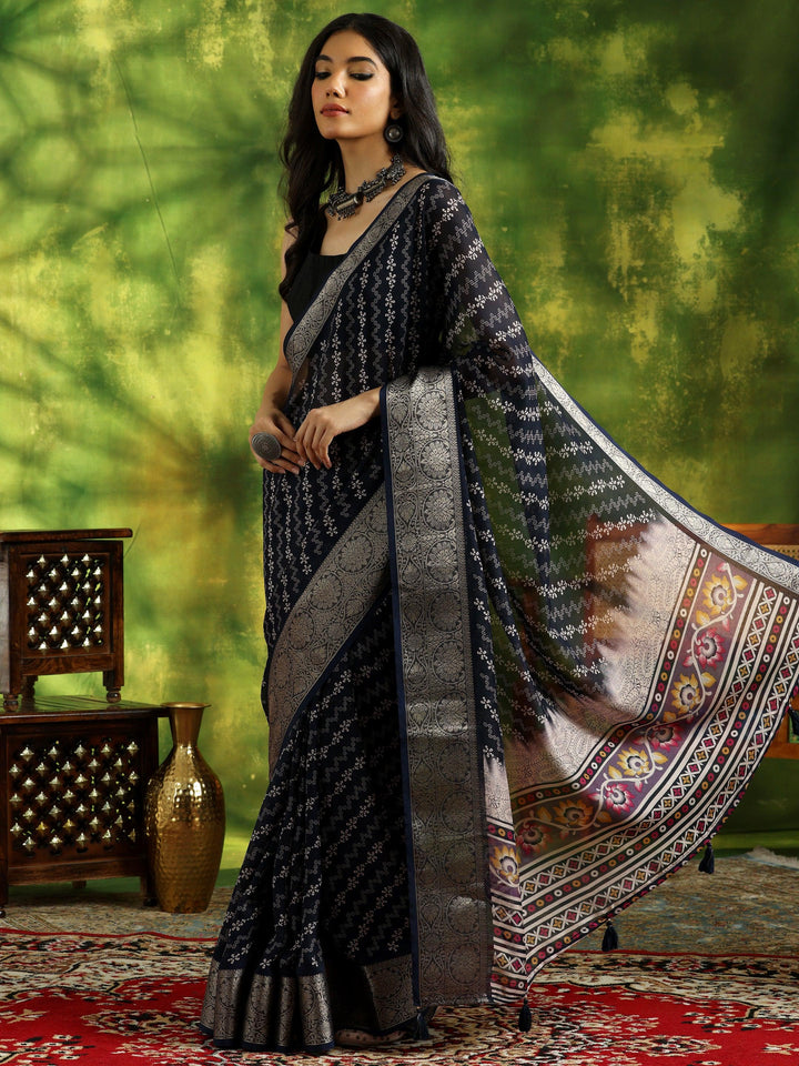 Blue Printed Silk Blend Saree With Unstitched Blouse Piece - Libas