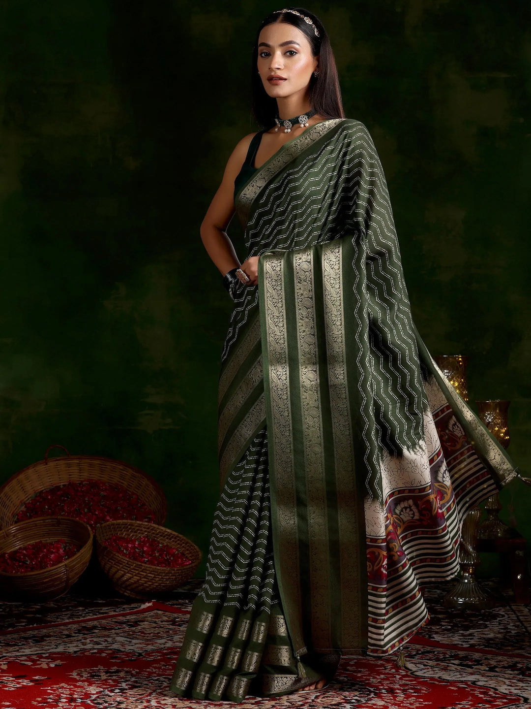  Olive Printed Silk Blend Saree With Unstitched Blouse Piece 