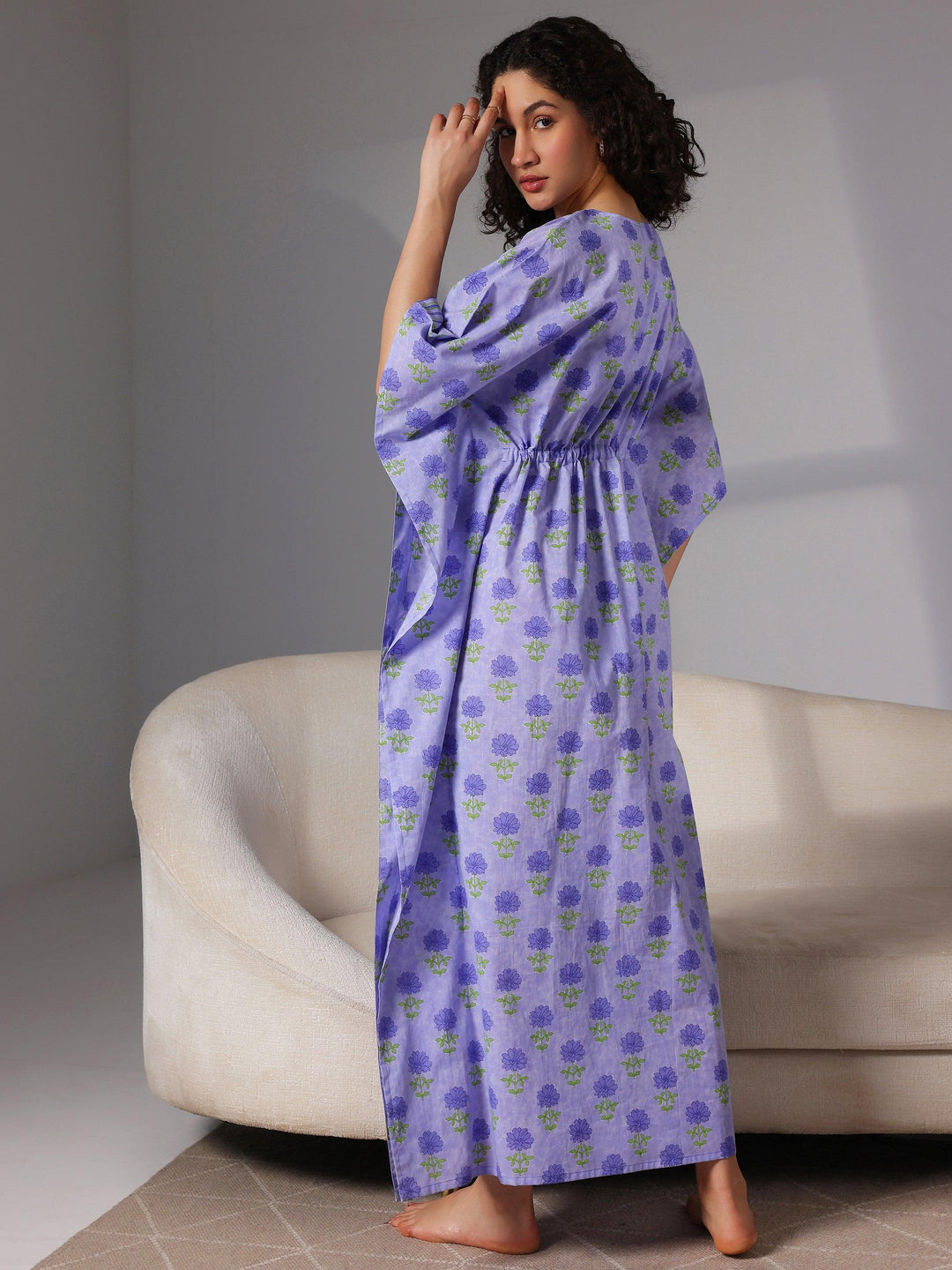 Purple Printed Cotton Kaftan Night Dress - Libas 