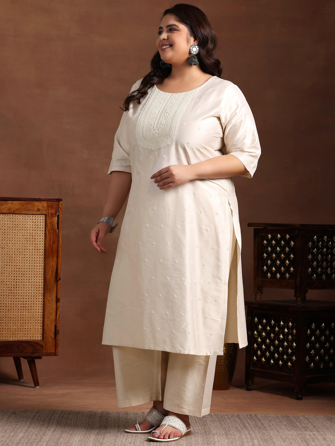 Plus Size Off White Embroidered Silk Blend Straight Suit With Dupatta - Libas