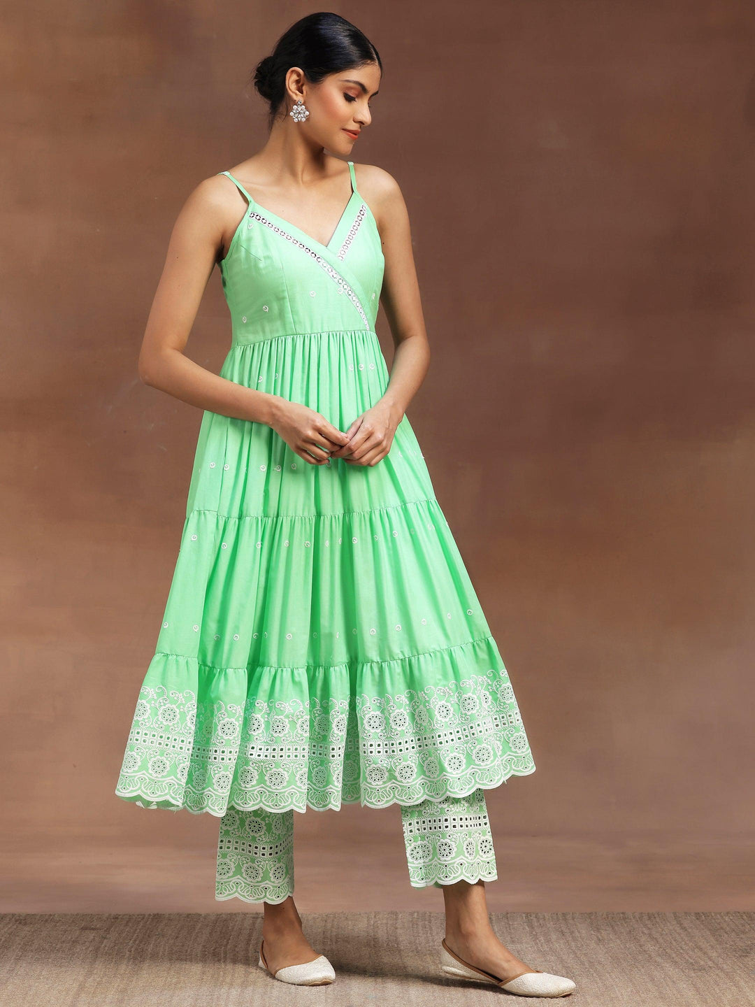 Green Self Design Cotton Anarkali Kurta With Trousers - Libas 