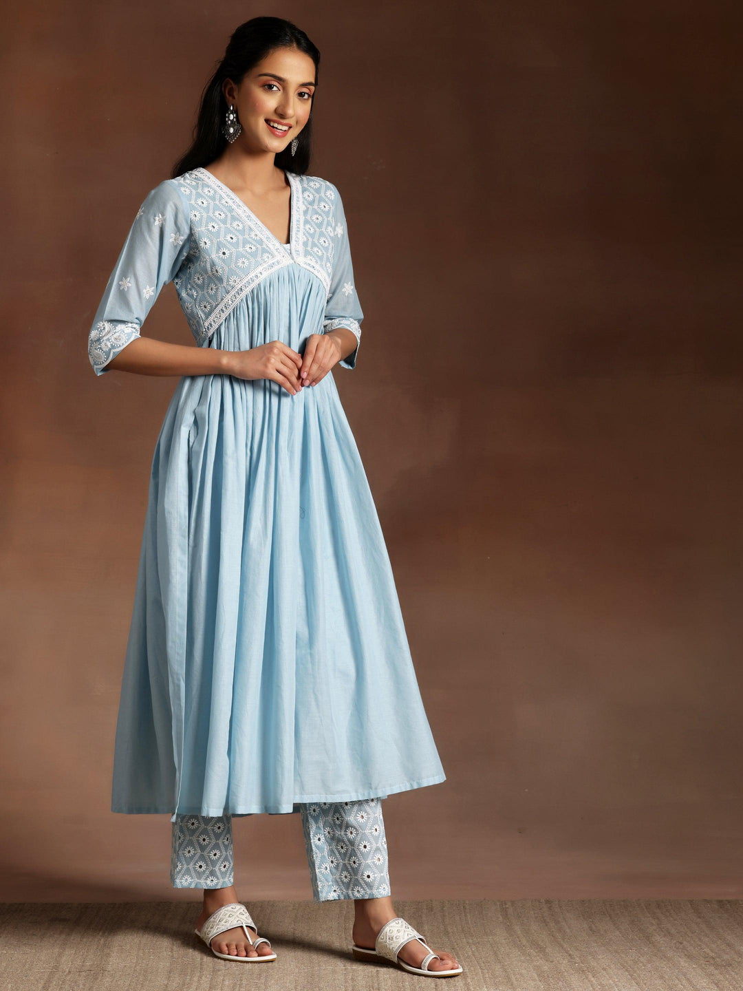 Blue Embroidered Cotton A-Line Kurta With Palazzos & Dupatta - Libas 